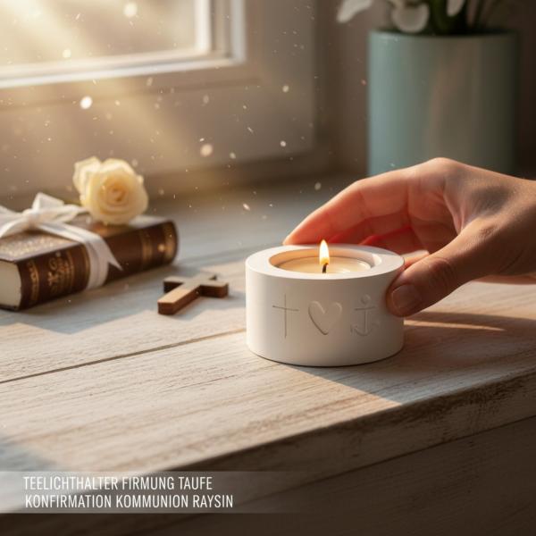 Runder Teelichthalter aus Raysin mit Schriftzug Glaube Liebe Hoffnung als Tischdekoration für religiöse Feste.